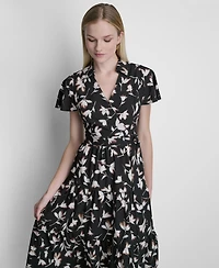 Dkny Women's Flutter-Sleeve Tiered Printed Midi Dress