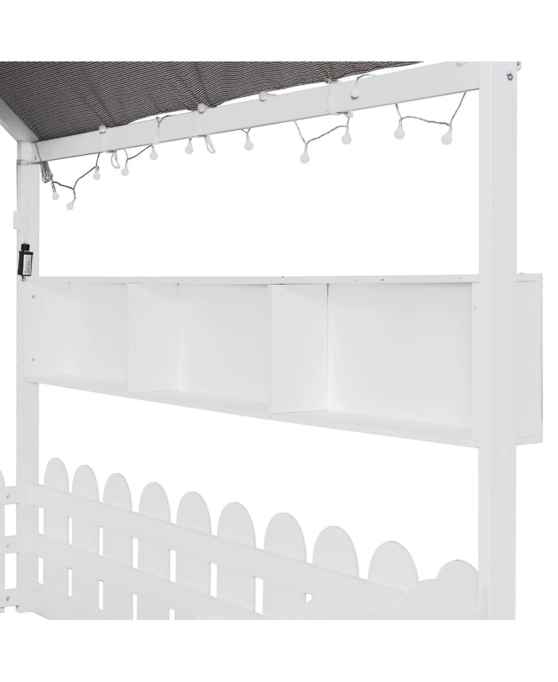 Streamdale Furniture Montessori House Bed with Fence, Storage and Lights (Slats Not Included)