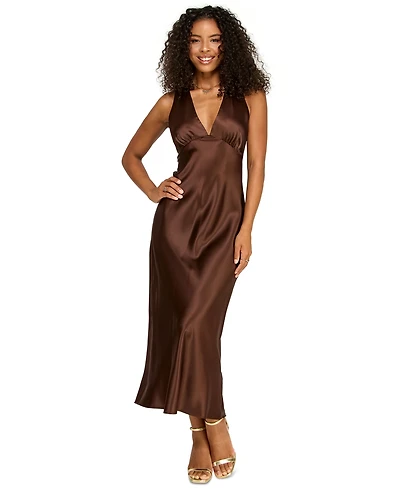 Emerald Sundae Juniors' V-Neck A-Line Satin Midi Dress
