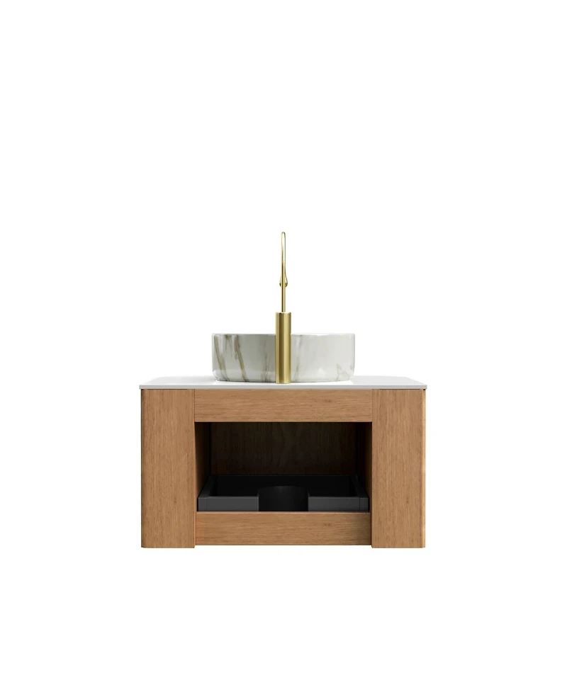 Sillysis Wall Mounted Bathroom Vanity with Sintered Stone Top, Round Ceramic Basin, Soft Close Drawer, Pre-assembled