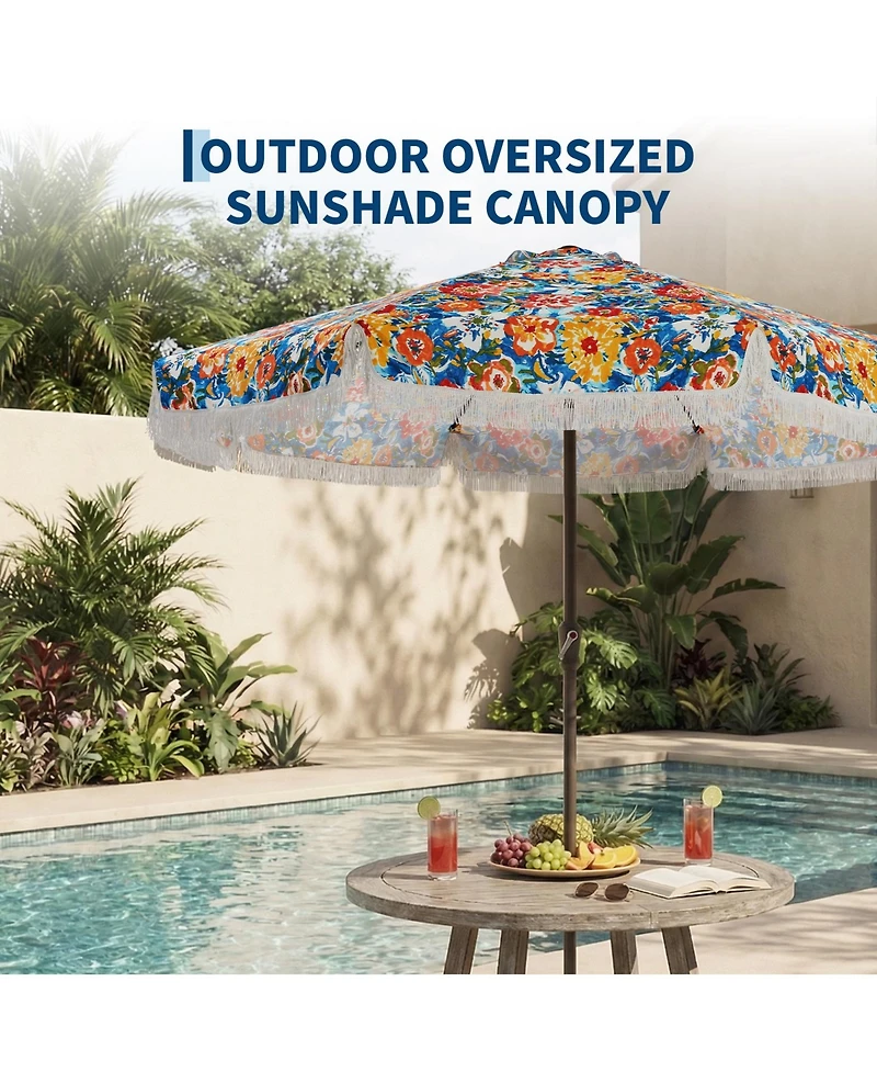 gaomon Patio Outdoor Table Umbrella with Retro Fringe with Crank Handle for Backyard, Pool, Camping, Flower Pattern