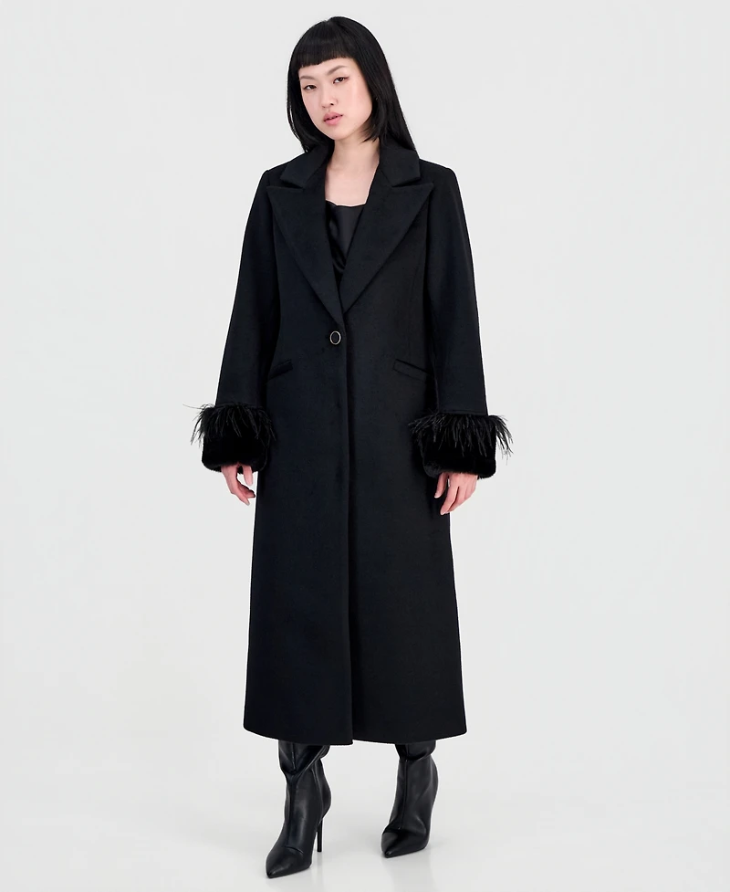 CeCe Women's Faux-Fur and Feather-Trim Maxi Coat