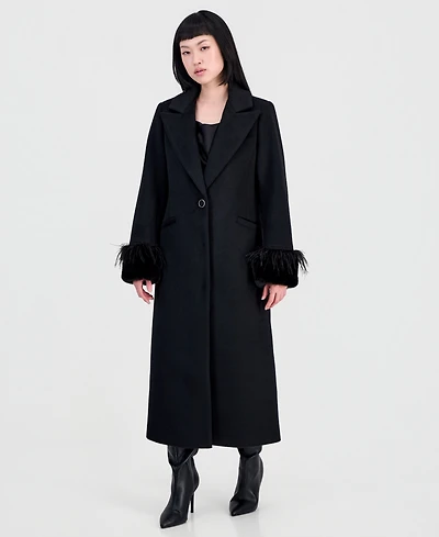 CeCe Women's Faux-Fur and Feather-Trim Maxi Coat