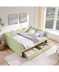 Streamdale Furniture Queen Size Gingham Daybed with Storage Drawers, Usb Port and Wave Headboard