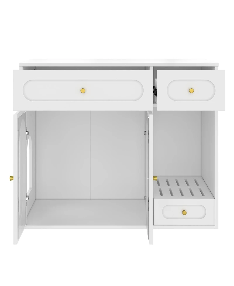 Streamdale Furniture Cat Litter Box Enclosure With Led Light, Storage Drawers, And Acrylic Doors