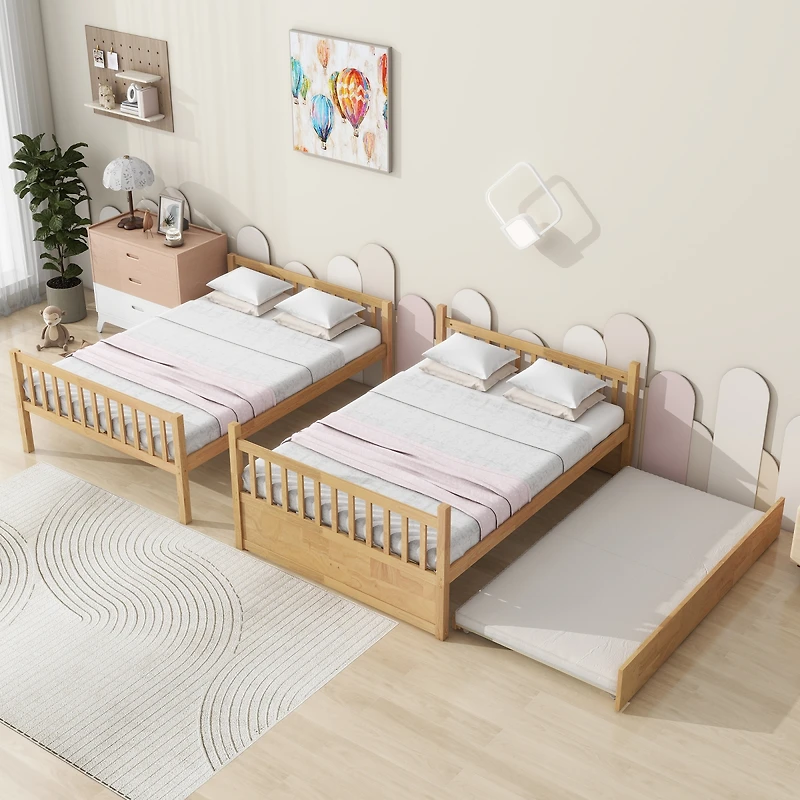 Streamdale Furniture Full Over Full Rubber Wood Bunk Bed with Trundle, Convertible to 2 Beds