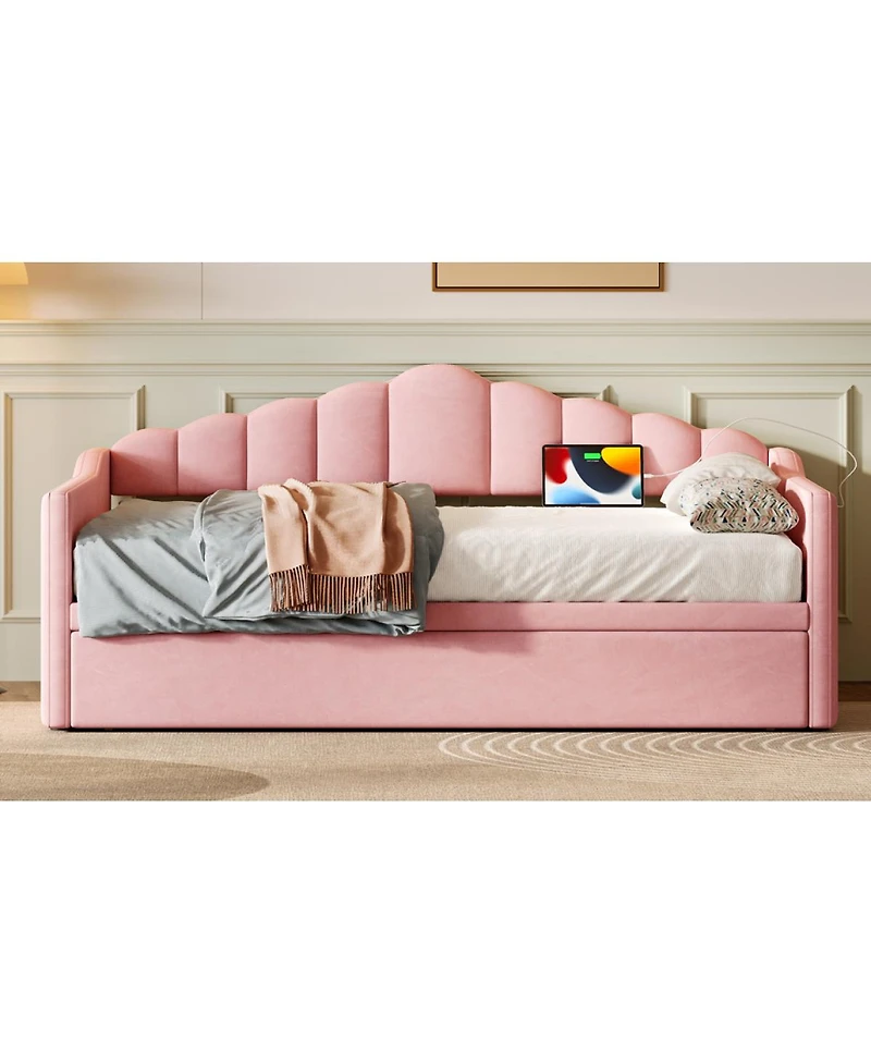 Streamdale Furniture Upholstered Twin Daybed with Pop-Up Trundle, Usb Charging and Side Pockets