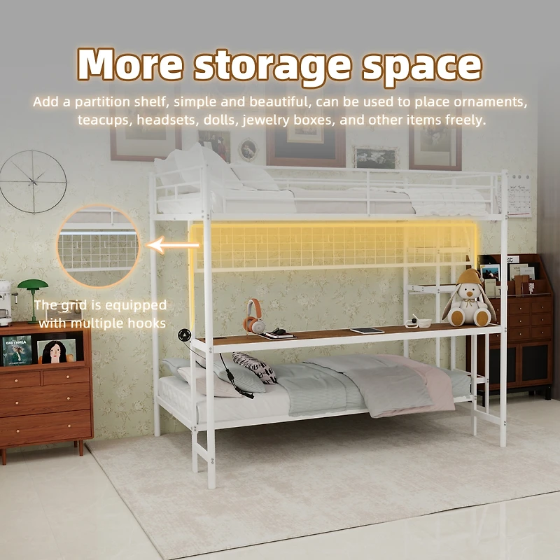 Streamdale Furniture Full Over Twin Metal Bunk Bed with Desk and Led Lighting