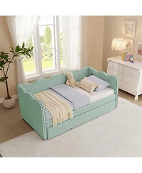 Streamdale Furniture Cozy Gingham Twin Daybed With Trundle, Usb Port, And Wave-Shaped Backrest