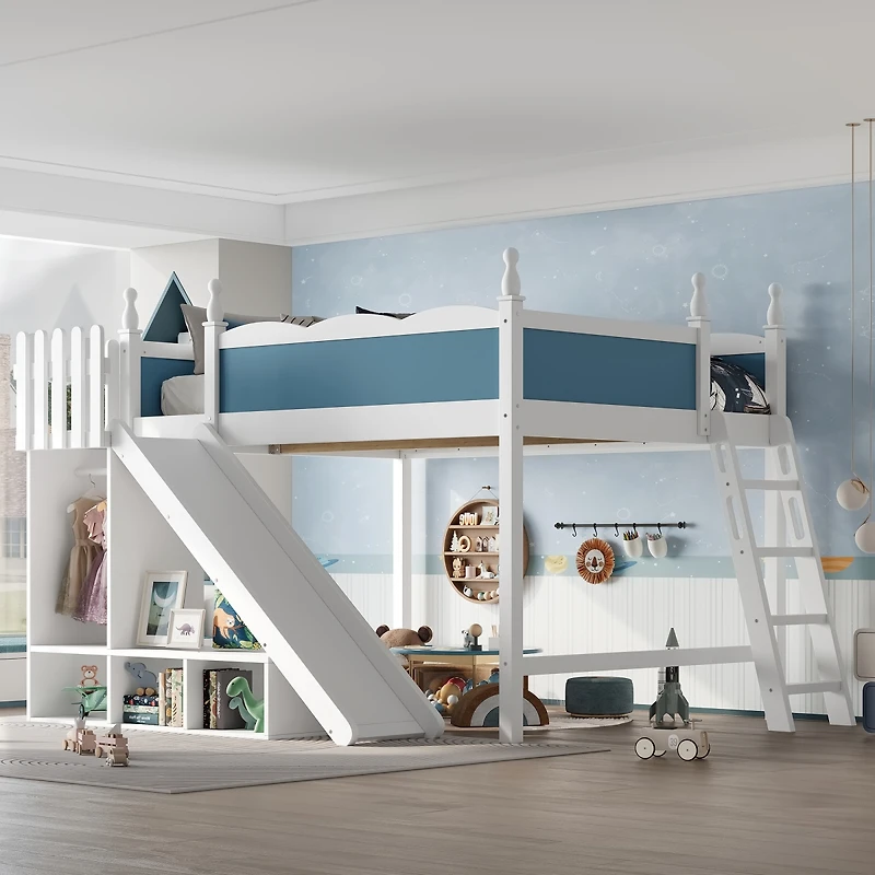 Streamdale Furniture Queen Loft Bed with Storage, Wardrobe, and Slide