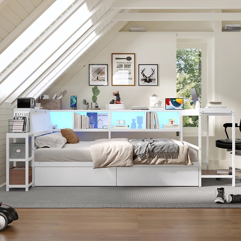 Streamdale Furniture Full Size Corner Bed Frame With Storage, Led Lights, And Charging Station