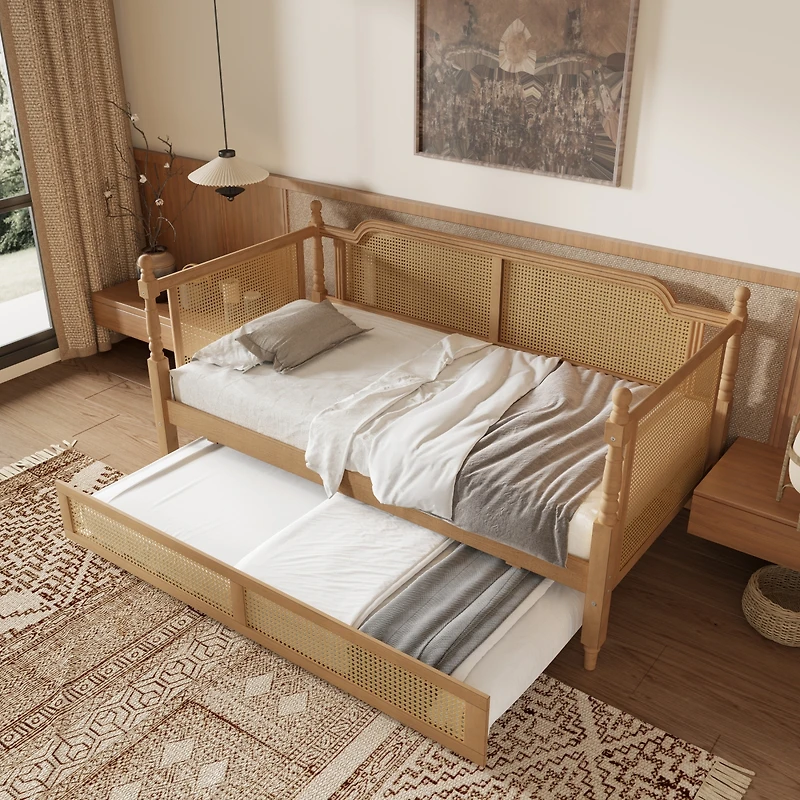 Streamdale Furniture Traditional Rattan Twin Daybed with Trundle, Antique
