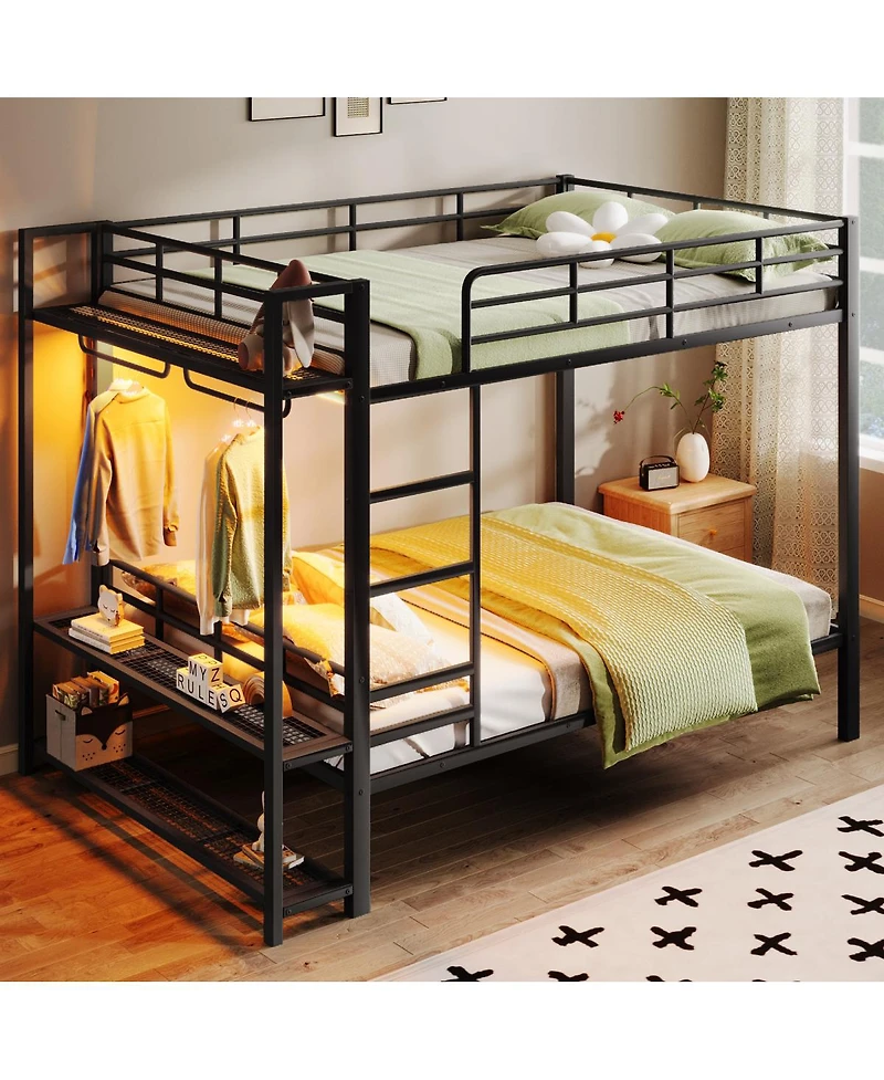 Streamdale Furniture Queen Size Metal Bunk Bed With Storage Shelves, Hooks, And Led Lights