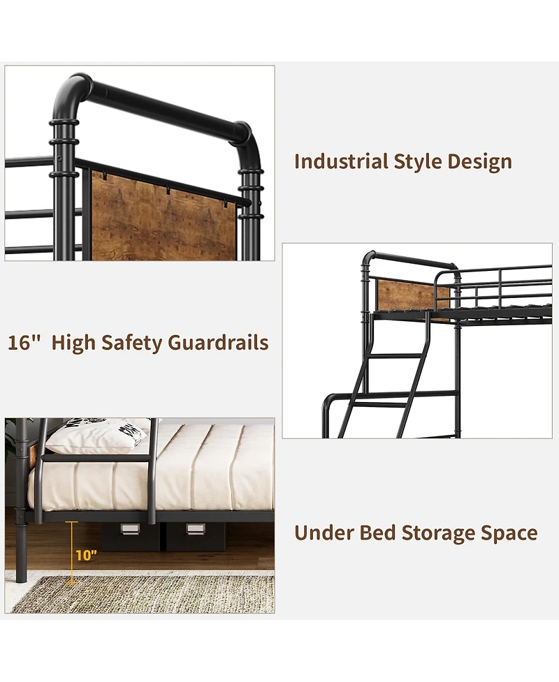homfan Modern Metal Bunk Bed Frame with Guardrails and Secure Ladder, Convertible Split Design, Under-Bed Storage Clearance, Industrial Style
