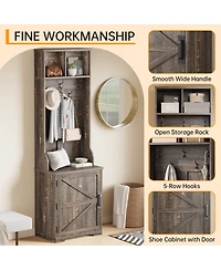 homfan Farmhouse 3-in-1 Hall Tree with Coat Hooks, Shoe Bench, Cubby Storage and Barn Door Cabinet, Space-Saving Entryway Organizer, Easy Assembly