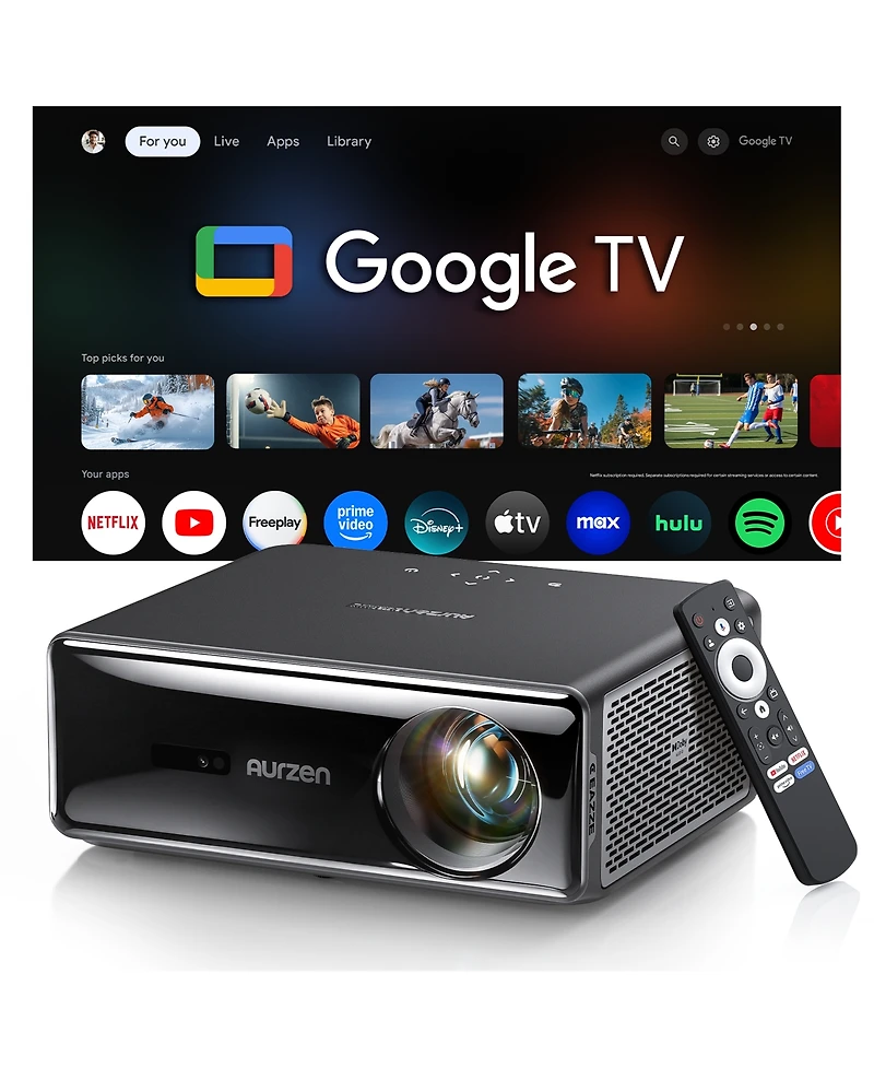 Aurzen Portable Home Theater Projector with Latest Google Tv Built-in, 1000 Ansi Lumens, Memc Tech, 4K Support, 20W DoIby Audio, Fully Automatic