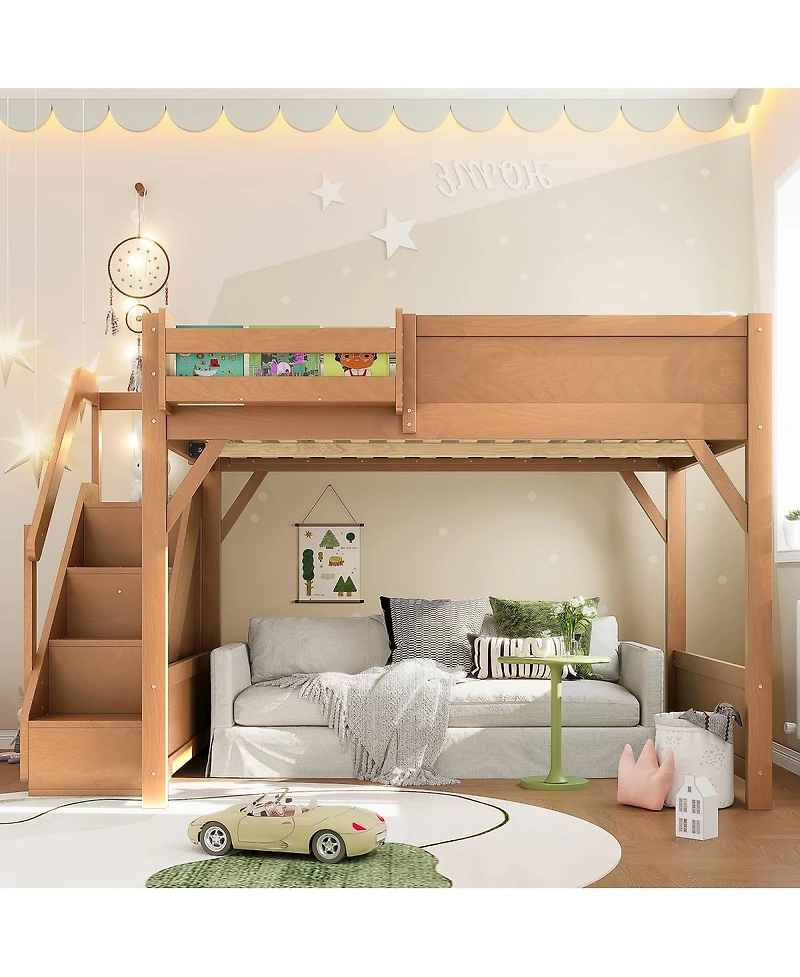 Streamdale Furniture Full Size Solid Wood Loft Bed with Wardrobe, Storage, and Stairs