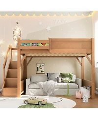 Streamdale Furniture Full Size Solid Wood Loft Bed with Wardrobe, Storage, and Stairs