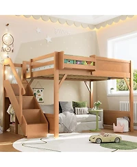 Streamdale Furniture Full Size Solid Wood Loft Bed with Wardrobe, Storage, and Stairs