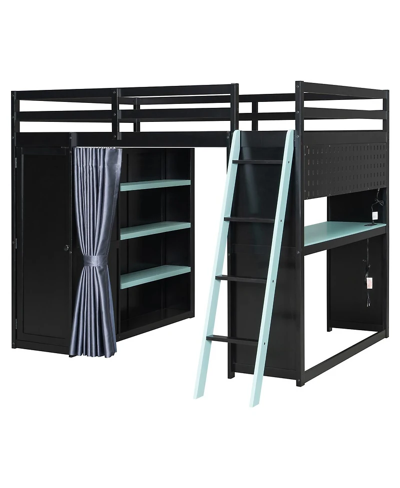 Streamdale Furniture Full Size Wood Loft Bed with Wardrobe, Shelves, Curtains and Lights