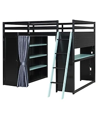 Streamdale Furniture Full Size Wood Loft Bed with Wardrobe, Shelves, Curtains and Lights