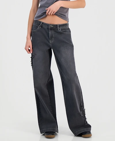 Madden Girl Juniors' Star Patch High Rise Wide Leg Jeans
