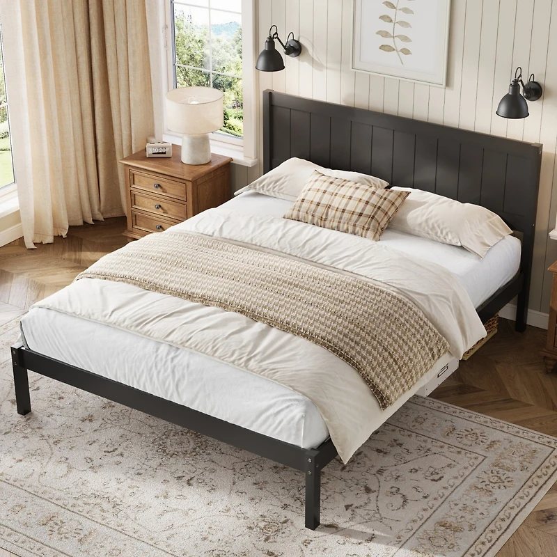 Streamdale Furniture King Espresso Platform Bed Frame with Headboard and Wood Slats