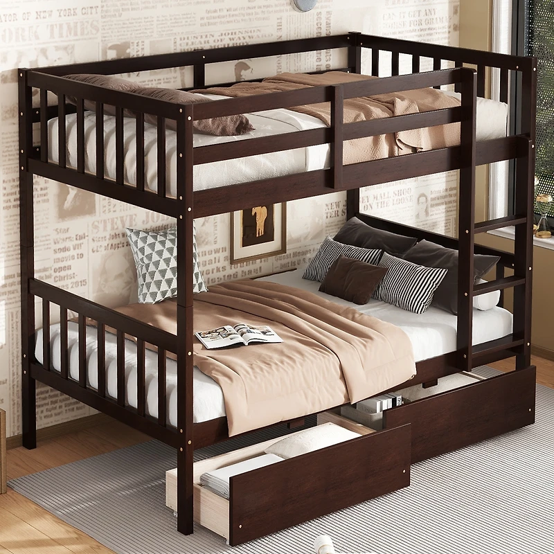 Streamdale Furniture Twin Over Twin Rubber Wood Bunk Bed with 2 Drawers, Convertible to 2 Twin Beds