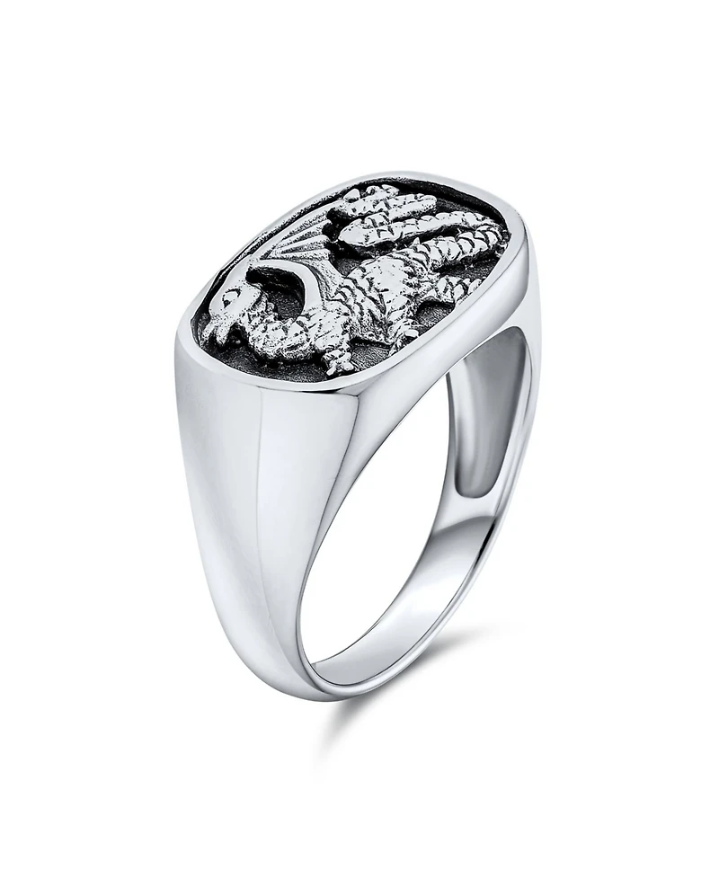 Bling Jewelry Men's Statement Dragon Signet Ring Rectangle Gothic Shield Oxidized .925 Sterling Silver