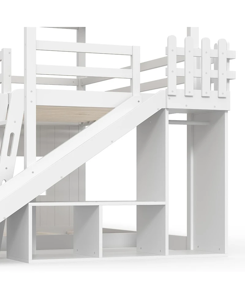 Streamdale Furniture Twin over Full House Bunk Bed with Slide, Storage, and Wardrobe