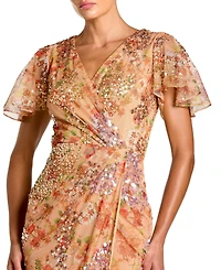 Mac Duggal Women's Printed Mesh Flutter Sleeve Faux Wrap Midi Dress