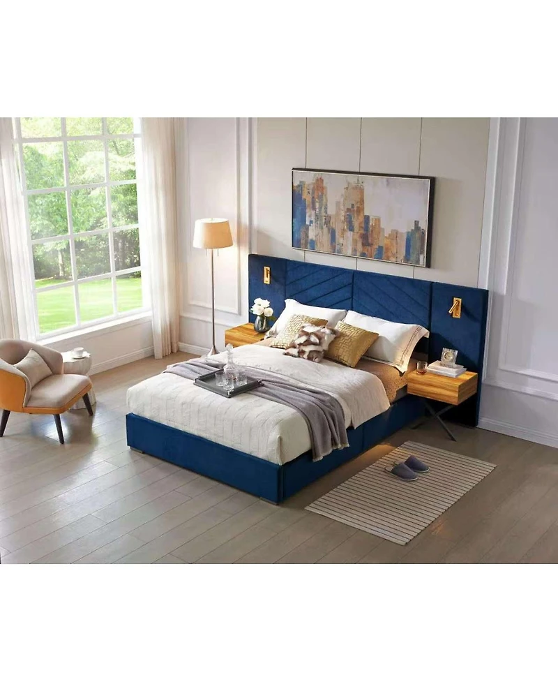 Streamdale Furniture Queen Size Velvet Wingback Platform Bed with Vertical Channel Tufted Headboard