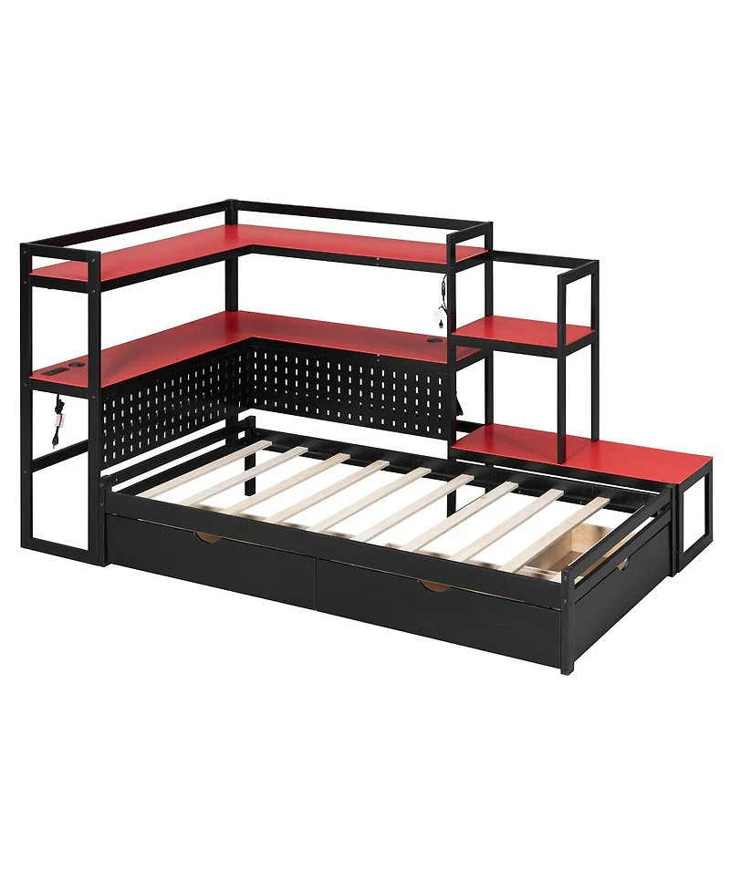 Streamdale Furniture Twin Gaming Daybed with Desk, Led Lights, 3 Drawers and Charging Station