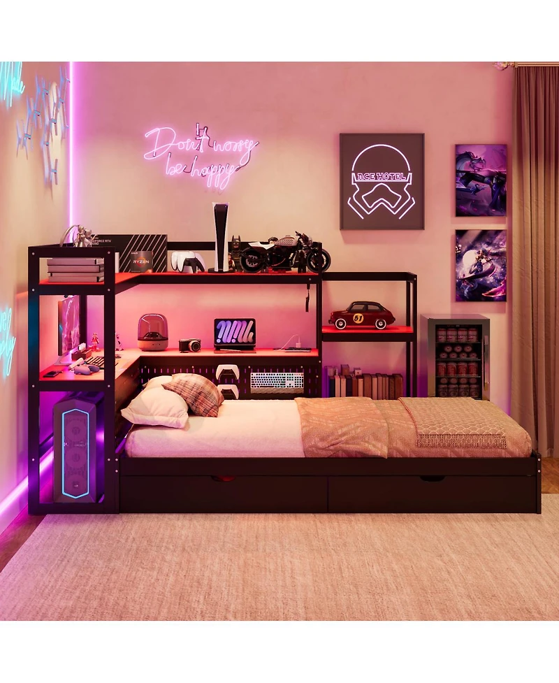 Streamdale Furniture Twin Gaming Daybed with Desk, Led Lights, 3 Drawers and Charging Station