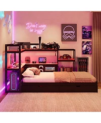 Streamdale Furniture Twin Gaming Daybed with Desk, Led Lights, 3 Drawers and Charging Station