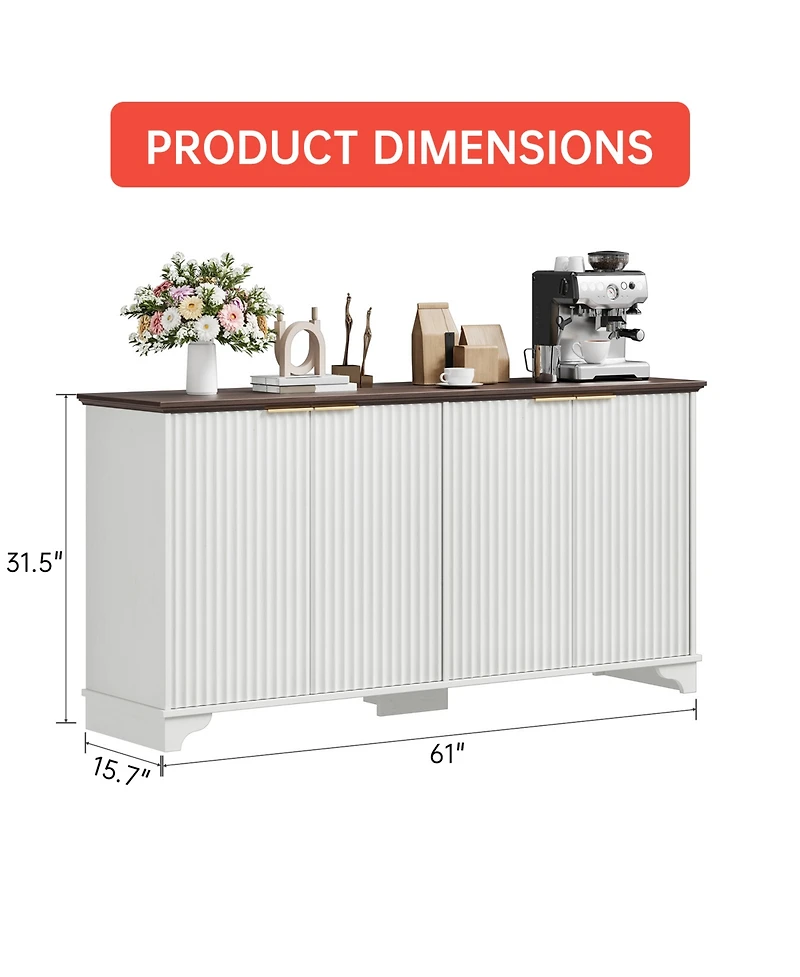 homfan Fluted Buffet Sideboard Cabinet with Four Doors and Adjustable Shelves, Water-Resistant Scratch-Resistant Top, Kitchen or Dining Room Storage