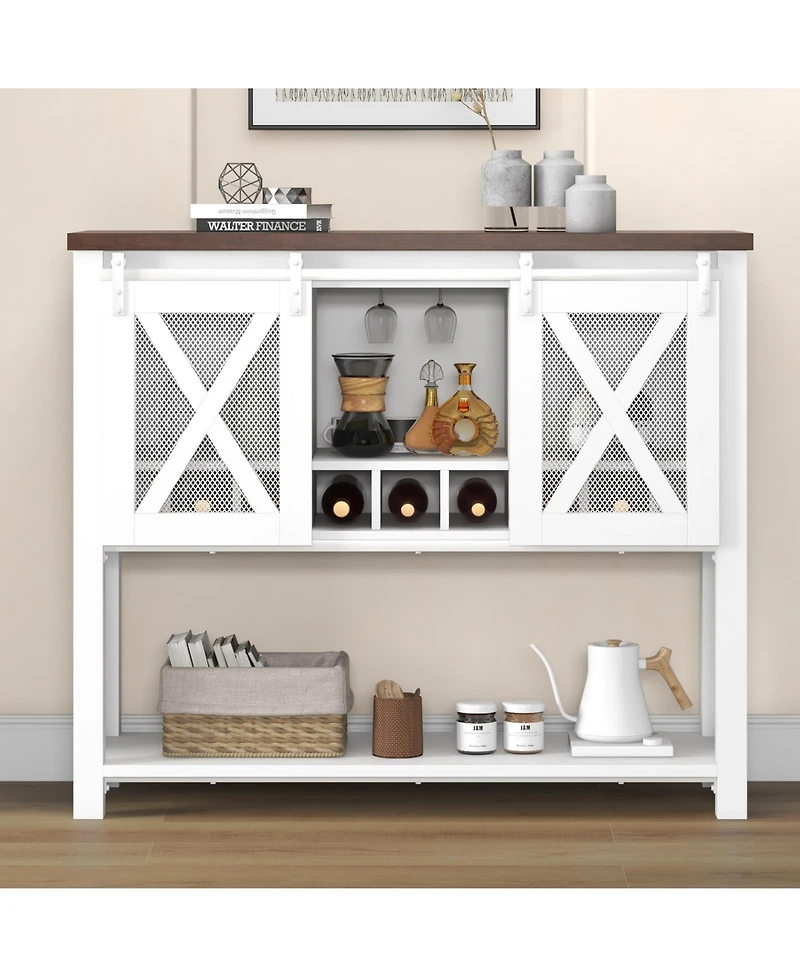 homfan Bar Cabinet with Sliding Barn Mesh Door, Detachable Wine Rack and Removable Stemware Holder, Multi-Purpose Sideboard or Coffee Bar Storage