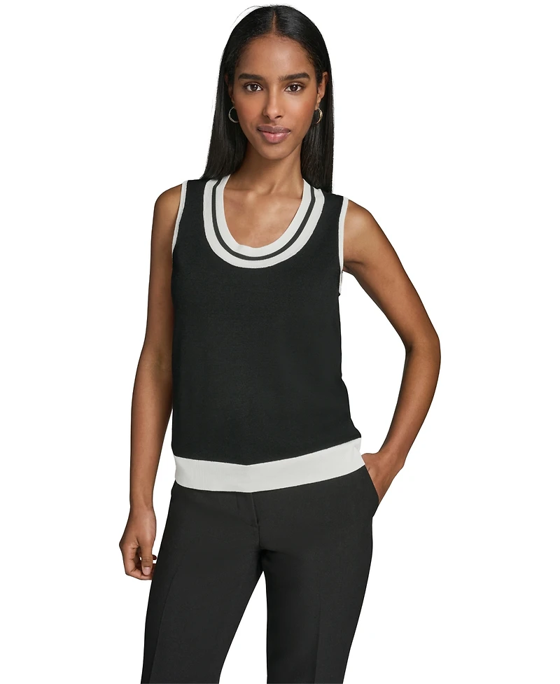 Karl Lagerfeld Paris Petite Scoop-Neck Sleeveless Knit Top with Contrast Trim