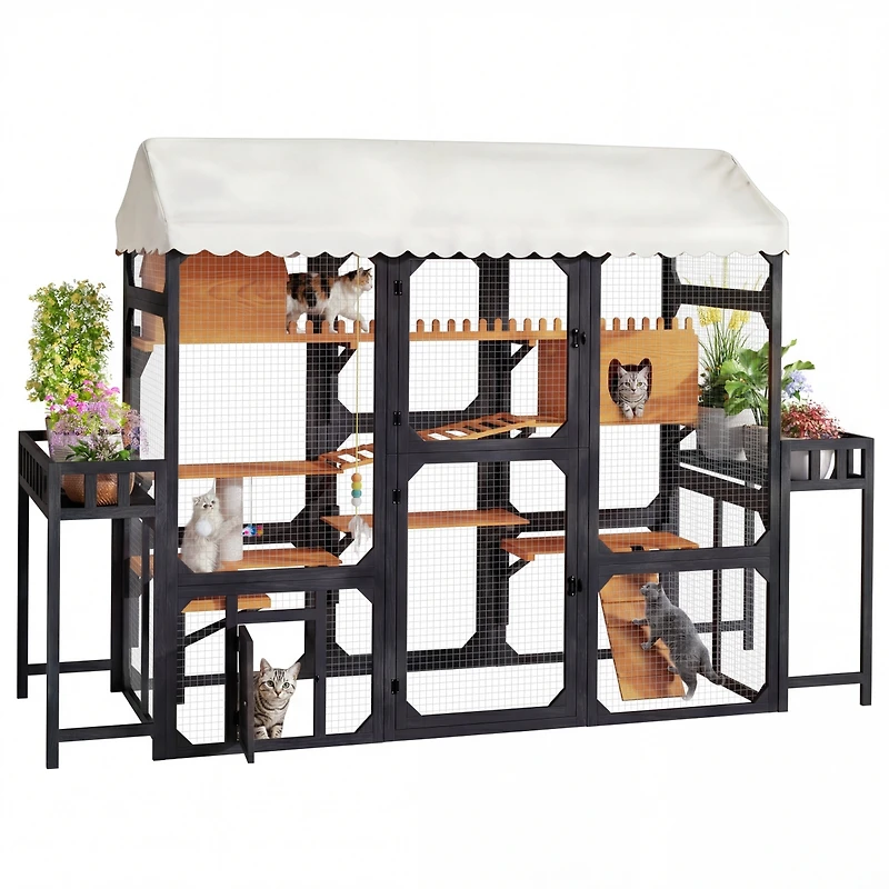 Streamdale Furniture Large Wooden Outdoor Catio with Multi-Level Playpen and Weather-Resistant Roof