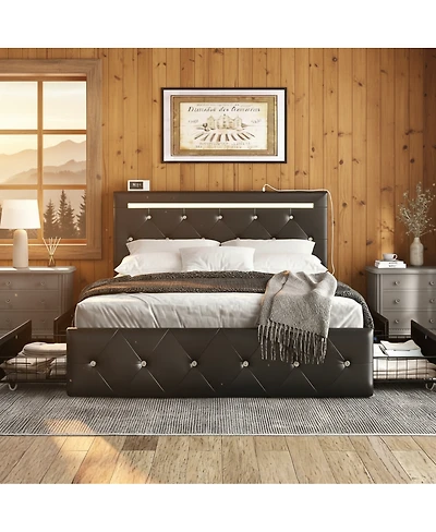 Streamdale Furniture Bed Frame with Led Lights, 4 Storage Drawers and Charging Station