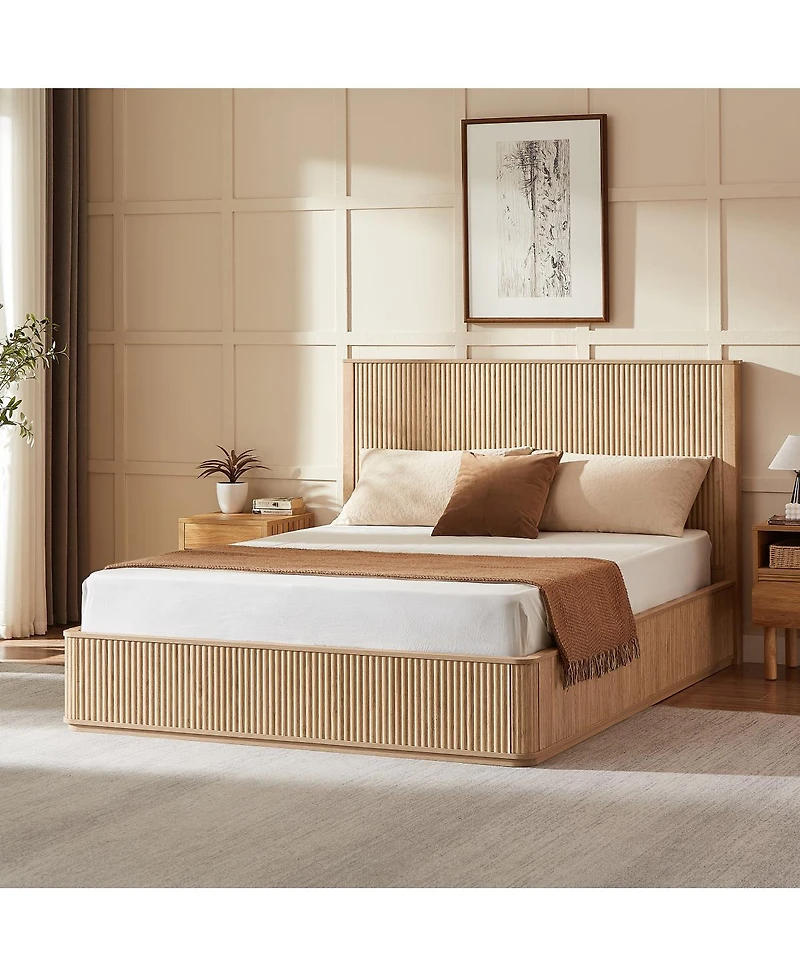 Streamdale Furniture Wavy Wood Grain Platform Bed Frame, 44" High Headboard