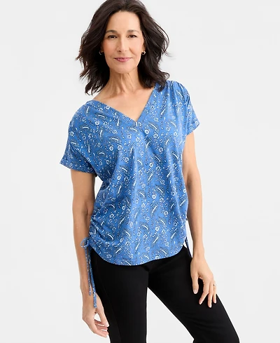 Style & Co Women's Printed Ruched Tie-Hem V-Neck Top, Macy's Exclusive