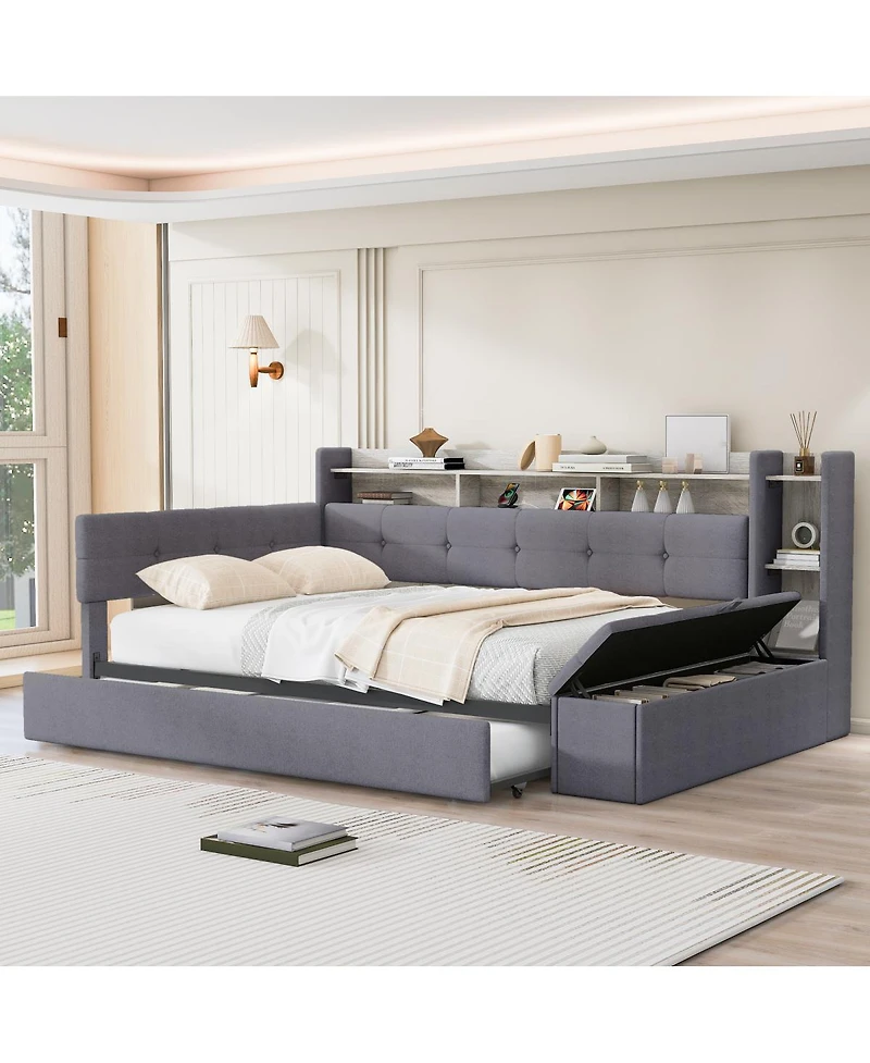 Streamdale Furniture Twin Upholstery Daybed with Trundle, Storage, Usb and Led Light