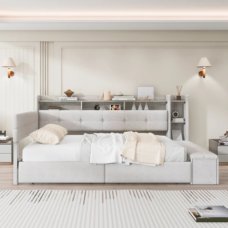 Streamdale Furniture Twin Upholstered Daybed with Storage, Drawers, Usb, Led and Shelves