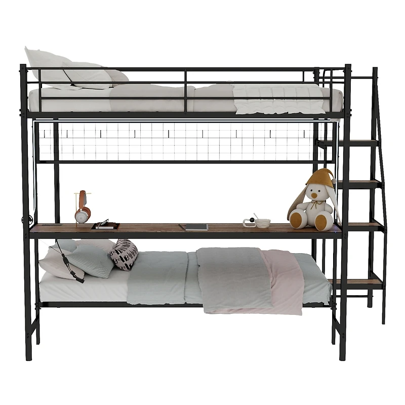 Streamdale Furniture Metal Bunk Bed with Desk and Led Lights