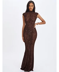 Miss Circle Women's Tyanna Mocha Burnout Velvet Mesh Backless Mermaid Maxi Dress