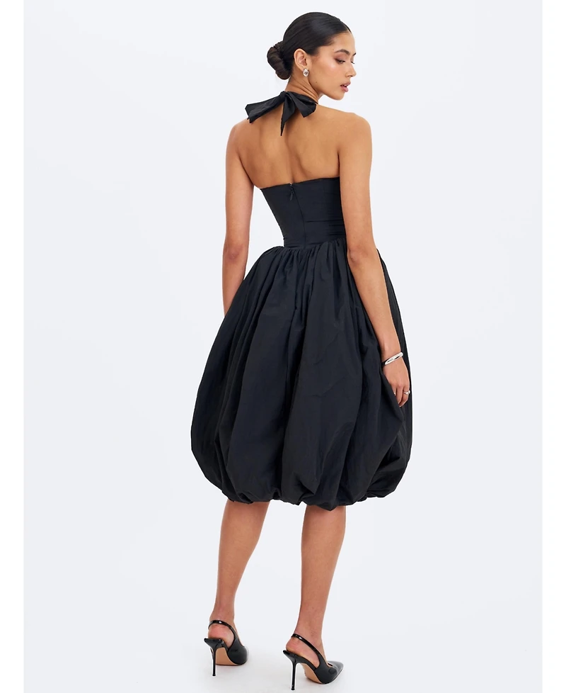 Miss Circle Women's Veradis Black Taffeta Halter Bubble-Hem Midi Dress