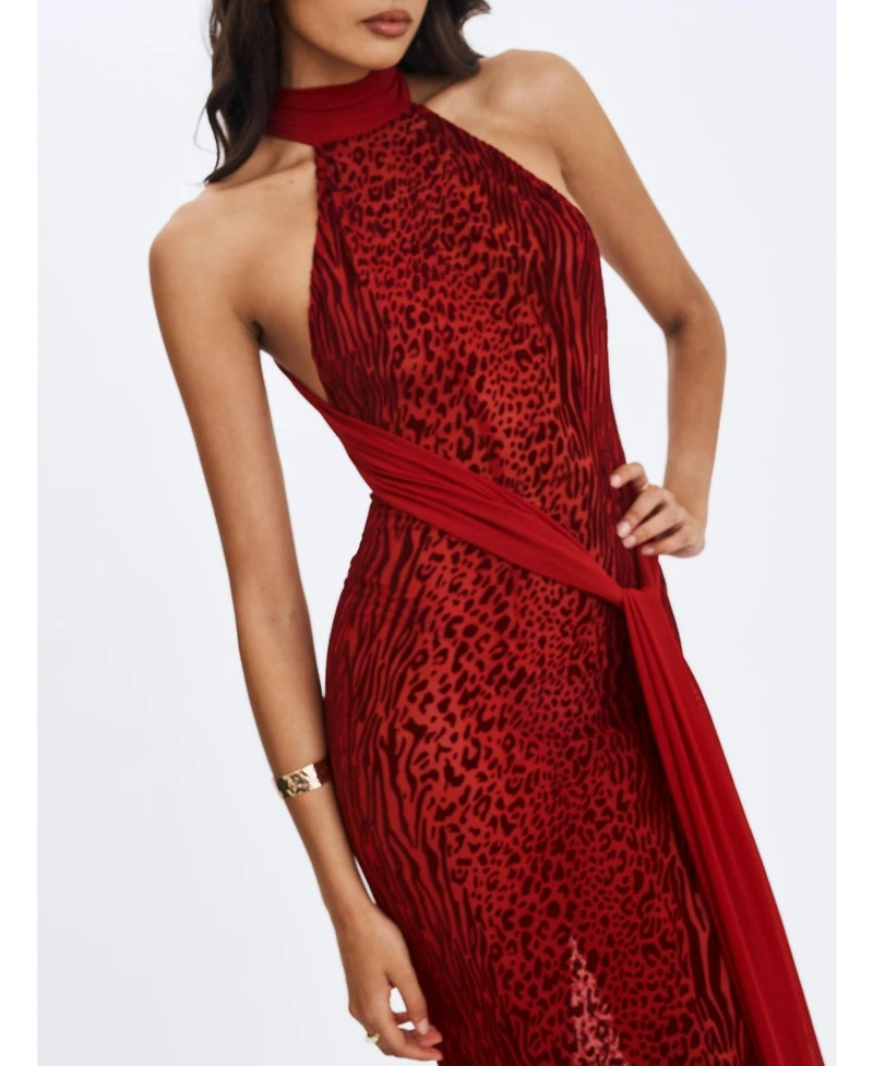 Miss Circle Women's Cerise Scarlet Burnout Velvet Multiwear Mesh Ribbon Maxi Dress