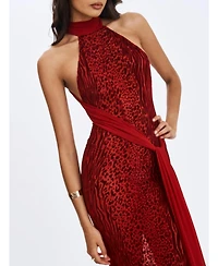 Miss Circle Women's Cerise Scarlet Burnout Velvet Multiwear Mesh Ribbon Maxi Dress
