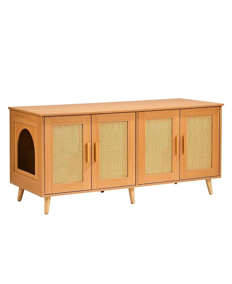 6thdruple Cat Litter Box Enclosure, Natural Wooden Furniture Cabinet with Rattan Doors, Hidden for 2 Cats